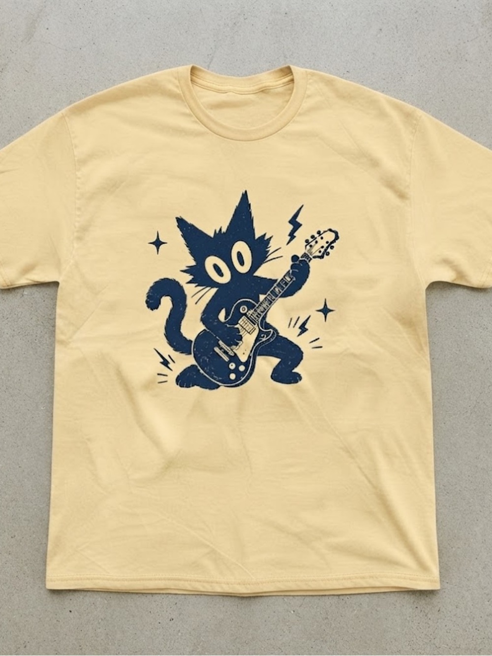 Guitar Cat Graphic Yellow Cotton Gildan T-Shirt